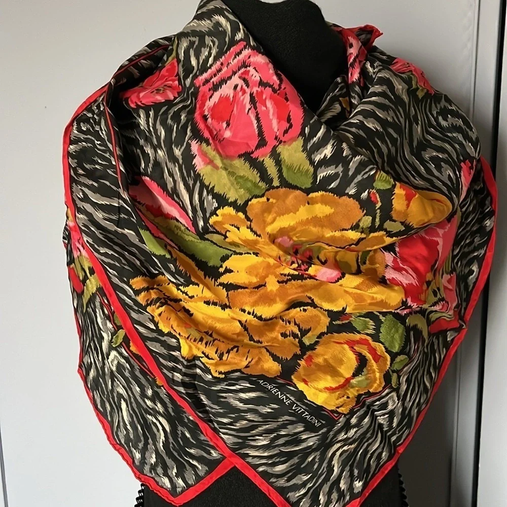 Vintage Adrienne Vittani Silk Floral Animal Print Scarf